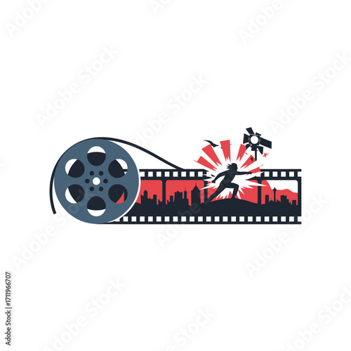 Film reel with cityscape and silhouette of a person running, symbolizing action movies.