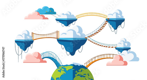 Floating Islands Connected by Bridges Above Earth, Fantasy World Concept.