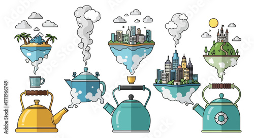Floating Worlds Teapots - Whimsical Landscapes and Cityscapes in Teacups.