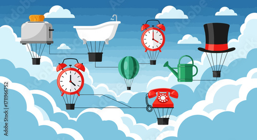 Floating Household Objects in the Sky - A Whimsical Illustration.