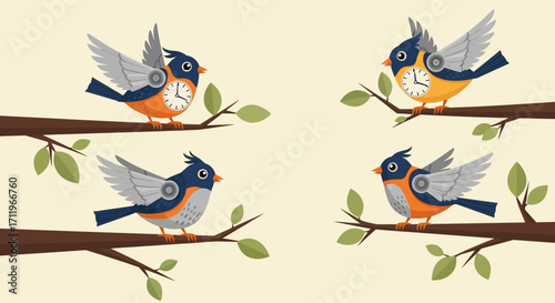 Four Robotic Birds Perched on Branches in a Whimsical Illustration.