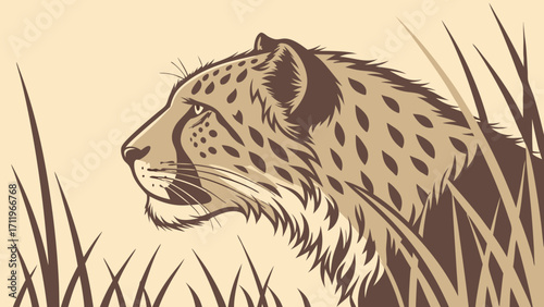 Cheetah head profile in tall grass wildlife vector illustration wild cat art animal portrait nature design.