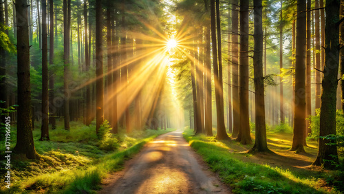 Minimal Glowing Forest Path With Bright Sunrays And Dreamlike Atmosphere