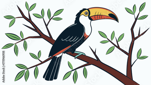 Colorful Toucan Perched on Branch with Green Leaves Tropical Bird Illustration for Print Web and Design Projects.