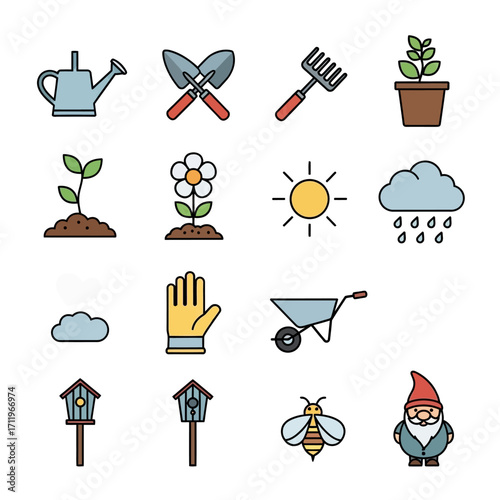 Gardening Icons Set - Tools, Plants, Weather, and Garden Decor.