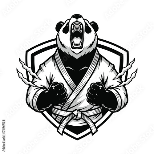 A fierce panda wearing a martial arts gi, with lightning bolts emanating from its fists, set against a shield.