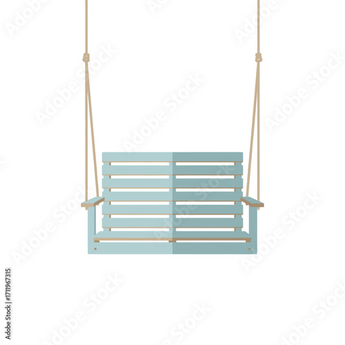Light Blue Wooden Porch Swing Hanging from Ropes.