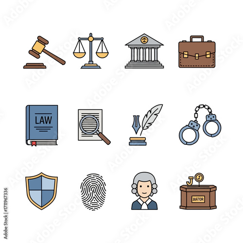 Law and Justice Icons - Gavel, Scales, Courthouse, and Legal Symbols.