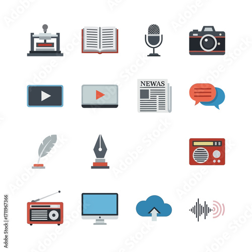 Media and Communication Icons Set - Press, Book, Microphone, Camera, Video, Newspaper, Speech Bubbles, Quill, Pen, Radio, Computer, Cloud, Sound Waves.