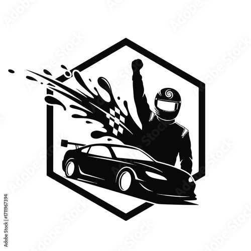 Racing driver celebrating victory with car and checkered flag in hexagon frame.