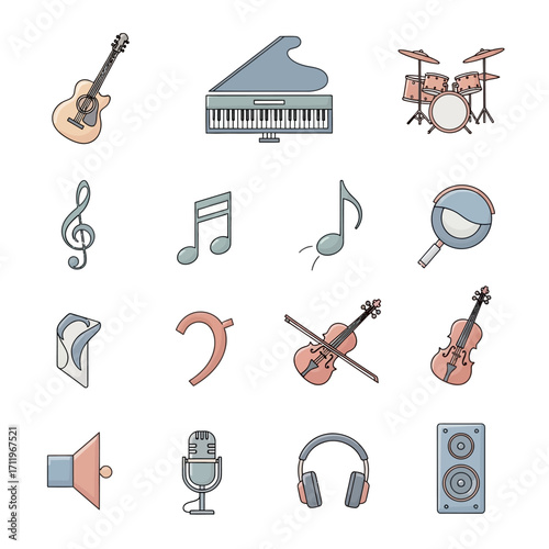 Musical Instruments and Symbols Collection - Guitar, Piano, Drums, Notes, Violin.