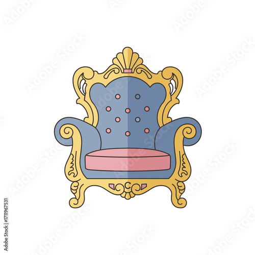 Ornate Blue and Gold Throne Chair with Pink Cushion.