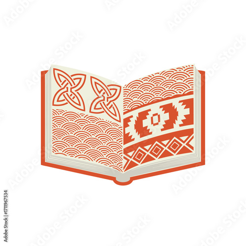 Open Book with Celtic and Geometric Patterns, Symbolizing Knowledge and Culture.