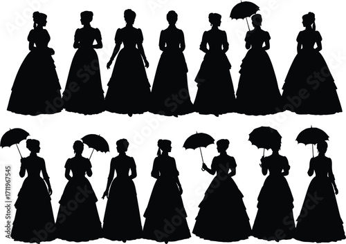 Victorian women silhouettes, vintage fashion illustration, historical dress styles, parasol elegance, antique clothing art, classic feminine attire, retro costume design