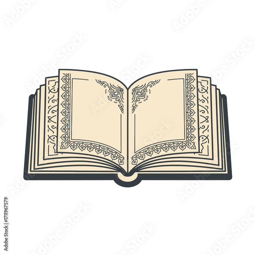 Open Book with Decorative Borders and Blank Pages for Writing.