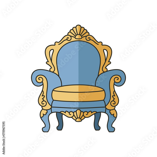 Ornate Blue and Gold Armchair Illustration with Intricate Detailing.