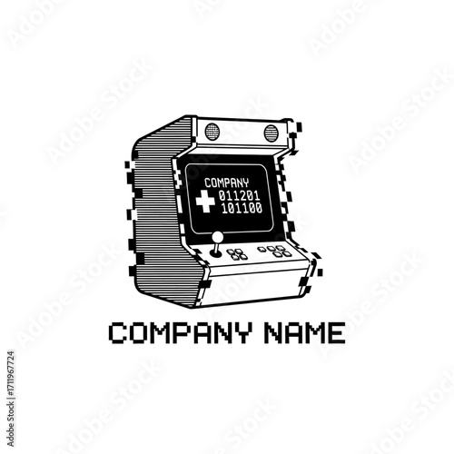 Retro Arcade Game Machine Logo Design with Pixelated Style and Company Name.