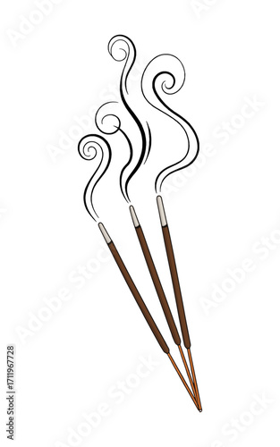 Incense Sticks Vector Illustration, Burning Agarbatti with Smoke for Meditation, Puja and Aromatherapy Design.
