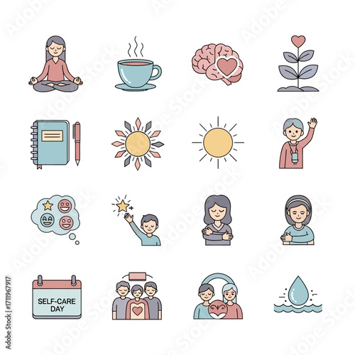 Self-Care Icons - Meditation, Tea, Brain, Plant, Journal, Sun, and More.