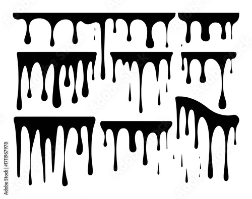Black Dripping Liquid Elements on White Background
