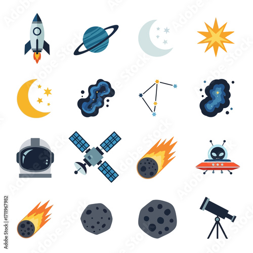 Space Exploration Icons - Rocket, Planet, Moon, Star, Constellation, Satellite, Comet, UFO, Telescope.