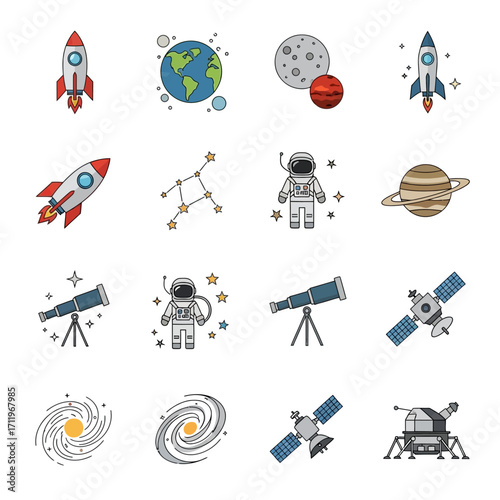 Space Exploration Icons - Rockets, Planets, Astronauts, and Telescopes.