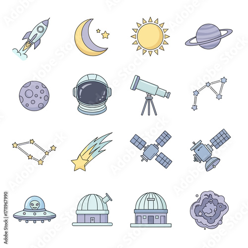 Space Exploration Icons - Rocket, Moon, Sun, Planet, Astronaut Helmet, Telescope, Constellations, Satellites, UFO, Observatory, Nebula.