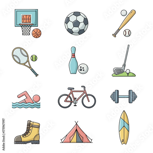 Sports and Recreation Icons - Basketball, Soccer, Tennis, Golf, Swimming, Cycling, and More.