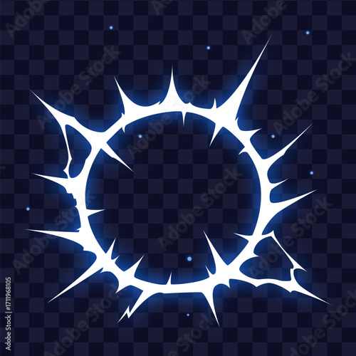 Manga thunder effect background creates cartoon energy circle with bright glowing sparks. Manga thunder bg vector suits comic electric blast, anime action, flash strike or game vfx.