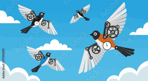 Steampunk Birds Soaring in a Blue Sky with Clouds.