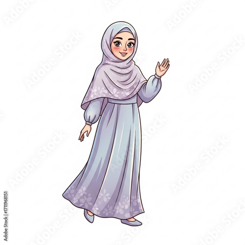 Illustration of young muslim girl wearing a hijab and dress, waving hello