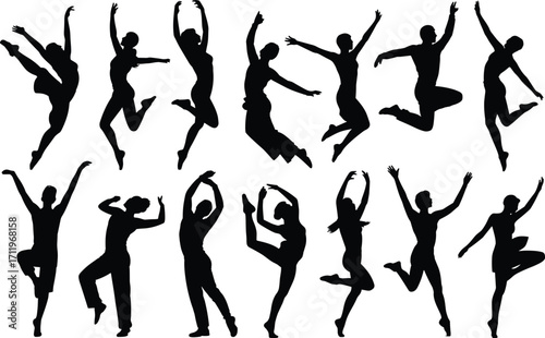 Silhouettes of dancers jumping, ballet and contemporary dance poses, dynamic movement, artistic expression, performing arts, graceful dancers, energy, creativity, passion, body movement