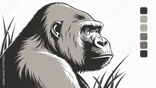Gorilla portrait grayscale illustration primate wildlife animal head ape jungle vector art strong powerful majestic wild animal black and white monochrome fauna nature graphic des.