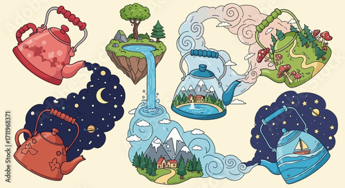 Surreal Teapots with Dreamlike Landscapes and Celestial Scenes.