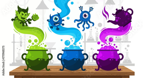 Three cauldrons bubbling with colorful potions and whimsical creatures.
