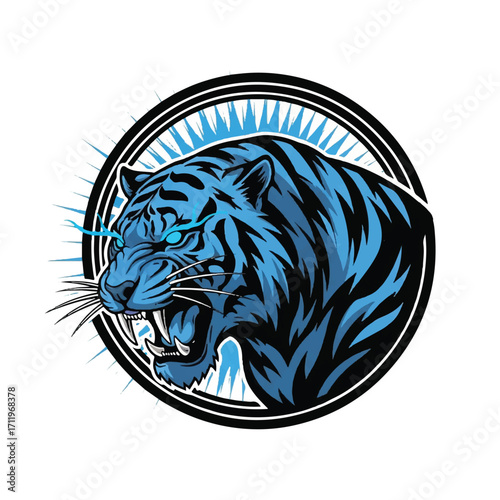 Stylized illustration of a fierce blue tiger head with glowing eyes, roaring inside a circular emblem with a sunburst background.