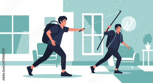 Two Burglars Escaping with Stolen Goods from a House.