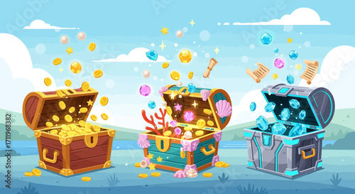 Three Treasure Chests Overflowing with Gold, Coral, and Blue Gems.