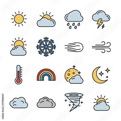 Weather Icons Set - Sun, Cloud, Rain, Snow, Wind, Rainbow, Tornado.