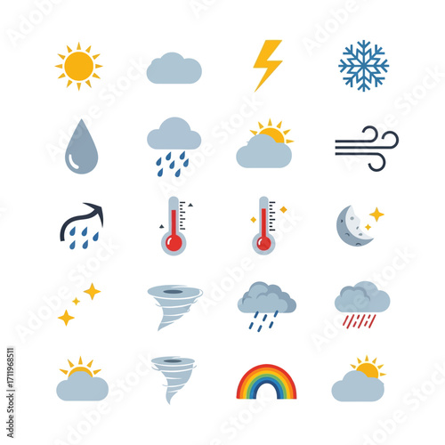 Weather Icons Set - Sun, Clouds, Rain, Snow, Wind, Storm, and Rainbow.