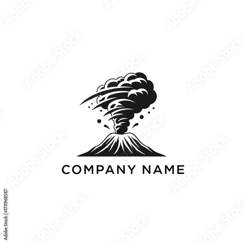 Volcano Eruption Logo Design with Ash Cloud and Mountain Silhouette.