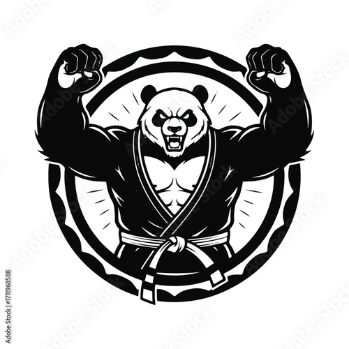 A fierce, muscular panda wearing a martial arts gi, flexing its biceps within a circular emblem.