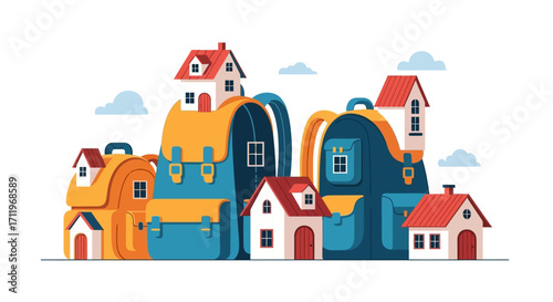 Whimsical Backpack Village - A Colorful Illustration of Homes on Backpacks.