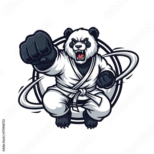 Cartoon panda bear in a karate gi punching with a determined expression.