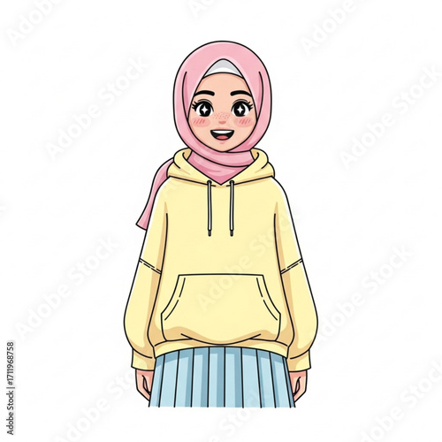 Illustration of young muslim girl wearing a yellow hoodie and pink hijab