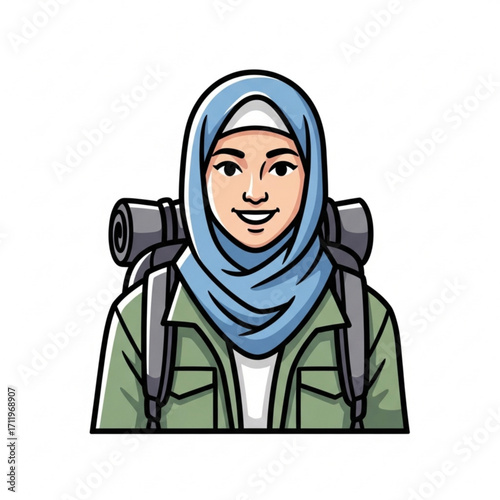 Illustration of young muslim woman with backpack and hijab
