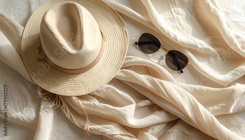 Elegant beige hat and sunglasses on a silk cloth, summer fashion.