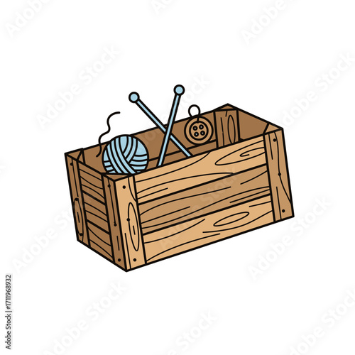 Wooden Box Filled with Knitting Supplies and a Button.