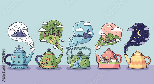 Whimsical Teapots with Dreamy Landscapes - A Journey Through Day and Night.