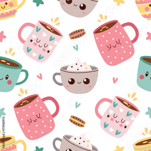 Cute Coffee cups and sweet treats seamless pattern. Hand Drawn Coffee mugs in kawaii style. Cute mugs with various patterns and designs. Vector illustration. Isolated on white background.